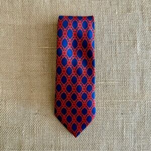 LANVIN Men’s Geometric Floral Silk Tie Dark Blue Red Made in Paris